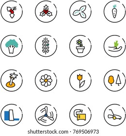 line vector icon set - holly vector, three leafs, carrot, broccoli, spica, flower pot, hand sproute, palm, tulip, forest, water power plant, wind mill, machine tool, lawn mower