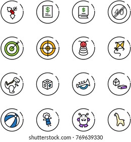 line vector icon set - holly vector, annual report, end speed limit road sign, target, pyramid toy, kite, dinosaur, cube, horn, constructor blocks, beach ball, doll, monster, giraffe