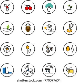 line vector icon set - holly vector, rowanberry, broccoli, sproute, hand, pineapple, palm, flower, tulip, forest, water power plant, wind mill, machine tool