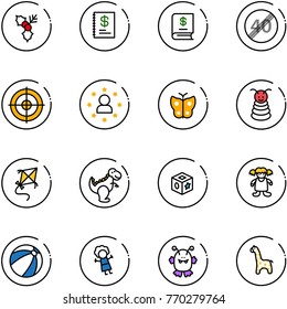 line vector icon set - holly vector, annual report, end speed limit road sign, target, star man, butterfly, pyramid toy, kite, dinosaur, cube, doll, beach ball, monster, giraffe