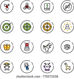 line vector icon set - holly vector, annual report, end speed limit road sign, target, star man, butterfly, pyramid toy, dinosaur, cube, doll, monster, giraffe