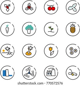 line vector icon set - holly vector, rowanberry, three leafs, carrot, broccoli, sproute, pineapple, palm, tulip, flower, water power plant, wind mill, lawn mower