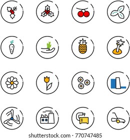 line vector icon set - holly vector, rowanberry, three leafs, carrot, hand sproute, pineapple, palm, flower, tulip, water power plant, wind mill, machine tool, lawn mower