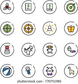 line vector icon set - holly vector, annual report, target, star man, butterfly, pyramid toy, dinosaur, doll, constructor blocks, beach ball, monster, giraffe