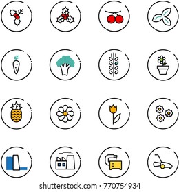 line vector icon set - holly vector, rowanberry, three leafs, carrot, broccoli, spica, flower pot, pineapple, tulip, water power plant, machine tool, lawn mower