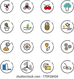 line vector icon set - holly vector, rowanberry, broccoli, flower pot, hand sproute, pineapple, palm, tulip, water power plant, wind mill, machine tool, lawn mower