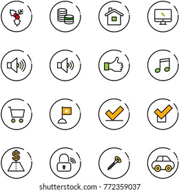line vector icon set - holly vector, coin, home, monitor cursor, volume max, medium, like, music, cart, flag, check, dollar, wireless lock, screw, car