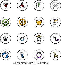 line vector icon set - holly vector, annual report, end speed limit road sign, target, butterfly, kite, cube toy, horn, doll, constructor blocks, beach ball, monster, giraffe