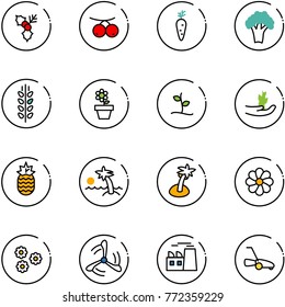 line vector icon set - holly vector, rowanberry, carrot, broccoli, spica, flower pot, sproute, hand, pineapple, palm, wind mill, plant, lawn mower