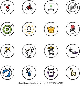 line vector icon set - holly vector, annual report, end speed limit road sign, target, star man, butterfly, pyramid toy, kite, dinosaur, doll, constructor blocks, beach ball, monster, giraffe