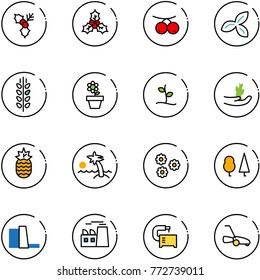 line vector icon set - holly vector, rowanberry, three leafs, spica, flower pot, sproute, hand, pineapple, palm, forest, water power plant, machine tool, lawn mower