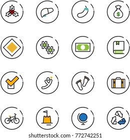 line vector icon set - holly vector, liver, eggplant, money bag, main road sign, gear, book, check, flying man, feet, suitcase, bike, sand castle, globe, recycling