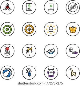 line vector icon set - holly vector, annual report, end speed limit road sign, target, star man, butterfly, pyramid toy, kite, horn, constructor blocks, beach ball, doll, monster, giraffe