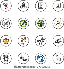 line vector icon set - holly vector, annual report, end speed limit road sign, target, star man, butterfly, kite, dinosaur toy, horn, doll, constructor blocks, beach ball, giraffe