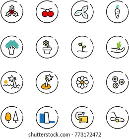 line vector icon set - holly vector, rowanberry, three leafs, carrot, broccoli, flower pot, sproute, hand, palm, forest, water power plant, machine tool, lawn mower