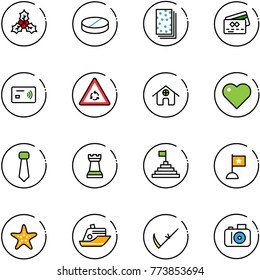 line vector icon set - holly vector, pill, breads, credit card, tap pay, round motion road sign, home, heart, tie, chess tower, pyramid flag, starfish, cruiser, scythe, camera