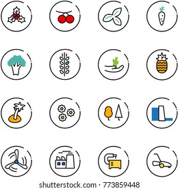 line vector icon set - holly vector, rowanberry, three leafs, carrot, broccoli, spica, hand sproute, pineapple, palm, flower, forest, water power plant, wind mill, machine tool, lawn mower