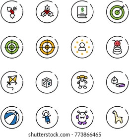 line vector icon set - holly vector, annual report, target, star man, pyramid toy, kite, cube, doll, constructor blocks, beach ball, monster, giraffe