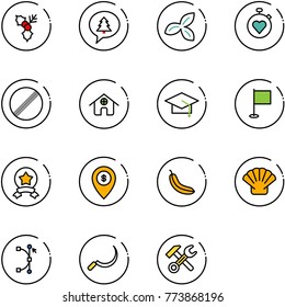 line vector icon set - holly vector, merry christmas message, three leafs, stopwatch heart, no limit road sign, home, graduate hat, flag, star medal, atm map pin, banana, shell, bezier, sickle
