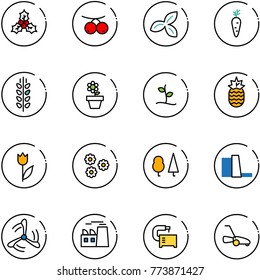 line vector icon set - holly vector, rowanberry, three leafs, carrot, spica, flower pot, sproute, pineapple, tulip, forest, water power plant, wind mill, machine tool, lawn mower