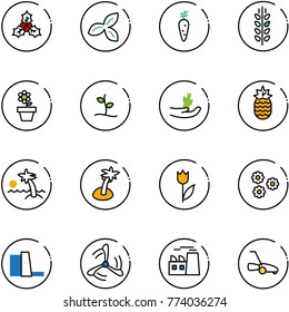 line vector icon set - holly vector, three leafs, carrot, spica, flower pot, sproute, hand, pineapple, palm, tulip, water power plant, wind mill, lawn mower