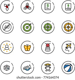 line vector icon set - holly vector, annual report, end speed limit road sign, target, star man, butterfly, pyramid toy, kite, cube, horn, doll, beach ball