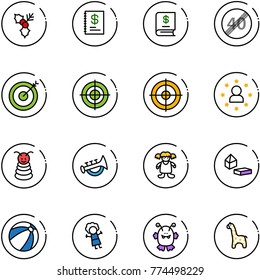 line vector icon set - holly vector, annual report, end speed limit road sign, target, star man, pyramid toy, horn, doll, constructor blocks, beach ball, monster, giraffe