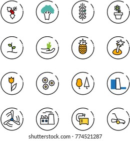line vector icon set - holly vector, broccoli, spica, flower pot, sproute, hand, pineapple, palm, tulip, forest, water power plant, wind mill, machine tool, lawn mower