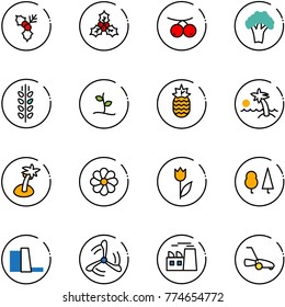 line vector icon set - holly vector, rowanberry, broccoli, spica, sproute, pineapple, palm, flower, tulip, forest, water power plant, wind mill, lawn mower