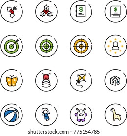 line vector icon set - holly vector, annual report, target, star man, butterfly, pyramid toy, kite, cube, beach ball, doll, monster, giraffe