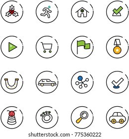 line vector icon set - holly vector, run, home, check, play, cart, flag, star medal, luck, limousine, molecule, pyramid toy, beanbag, car