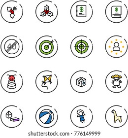 line vector icon set - holly vector, annual report, end speed limit road sign, target, star man, pyramid toy, kite, cube, doll, constructor blocks, beach ball, giraffe