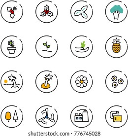 line vector icon set - holly vector, three leafs, broccoli, flower pot, sproute, hand, pineapple, palm, forest, wind mill, plant, machine tool