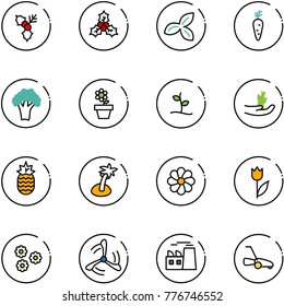 line vector icon set - holly vector, three leafs, carrot, broccoli, flower pot, sproute, hand, pineapple, palm, tulip, wind mill, plant, lawn mower