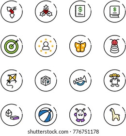 line vector icon set - holly vector, annual report, target, star man, butterfly, pyramid toy, kite, cube, horn, doll, constructor blocks, beach ball, monster, giraffe