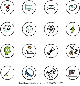 line vector icon set - holly vector, diagnostic monitor, pill, meat, brain, virus, gear, lightning, work, reading, wrench, rivet, hoe, ball, dinosaur toy, abacus