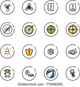line vector icon set - holly vector, annual report, end speed limit road sign, target, star man, butterfly, cube toy, horn, doll, constructor blocks, beach ball
