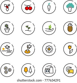 line vector icon set - holly vector, rowanberry, carrot, broccoli, flower pot, sproute, hand, pineapple, palm, tulip, forest, plant, machine tool