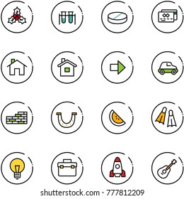 line vector icon set - holly vector, vial, pill, credit card, home, right arrow, car, brick wall, luck, watermelone, flippers, bulb, tool box, rocket, guitar