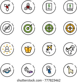 line vector icon set - holly vector, annual report, end speed limit road sign, target, star man, butterfly, kite, dinosaur toy, horn, constructor blocks, doll, giraffe