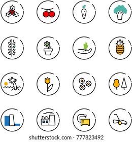 line vector icon set - holly vector, rowanberry, carrot, broccoli, spica, flower pot, hand sproute, pineapple, palm, tulip, forest, water power plant, machine tool, lawn mower
