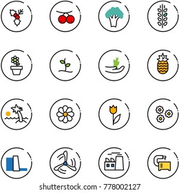 line vector icon set - holly vector, rowanberry, broccoli, spica, flower pot, sproute, hand, pineapple, palm, tulip, water power plant, wind mill, machine tool