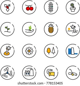 line vector icon set - holly vector, rowanberry, spica, flower pot, sproute, hand, pineapple, palm, forest, water power plant, wind mill, machine tool, lawn mower