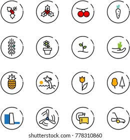 line vector icon set - holly vector, rowanberry, carrot, spica, flower pot, sproute, hand, pineapple, palm, tulip, forest, water power plant, wind mill, machine tool, lawn mower