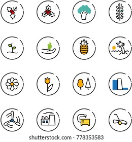 line vector icon set - holly vector, broccoli, spica, sproute, hand, pineapple, palm, flower, tulip, forest, water power plant, wind mill, machine tool, lawn mower