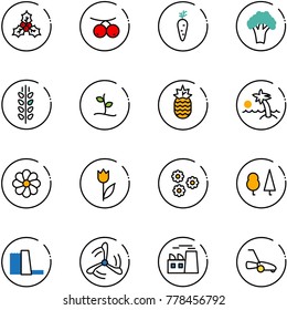 line vector icon set - holly vector, rowanberry, carrot, broccoli, spica, sproute, pineapple, palm, flower, tulip, forest, water power plant, wind mill, lawn mower