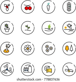 line vector icon set - holly vector, rowanberry, carrot, spica, flower pot, sproute, hand, palm, forest, wind mill, plant, machine tool, lawn mower