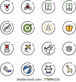 line vector icon set - holly vector, annual report, end speed limit road sign, target, star man, butterfly, pyramid toy, kite, dinosaur, cube, constructor blocks, beach ball, monster, giraffe