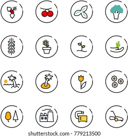 line vector icon set - holly vector, rowanberry, three leafs, broccoli, spica, flower pot, sproute, hand, palm, tulip, forest, plant, machine tool, lawn mower