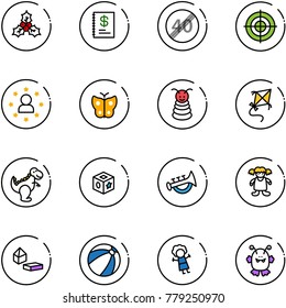 line vector icon set - holly vector, annual report, end speed limit road sign, target, star man, butterfly, pyramid toy, kite, dinosaur, cube, horn, doll, constructor blocks, beach ball, monster